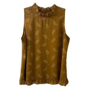 Ann Taylor Mustard Sleeveless Blouse Leaf Print High Neck Ruffle Collar Medium